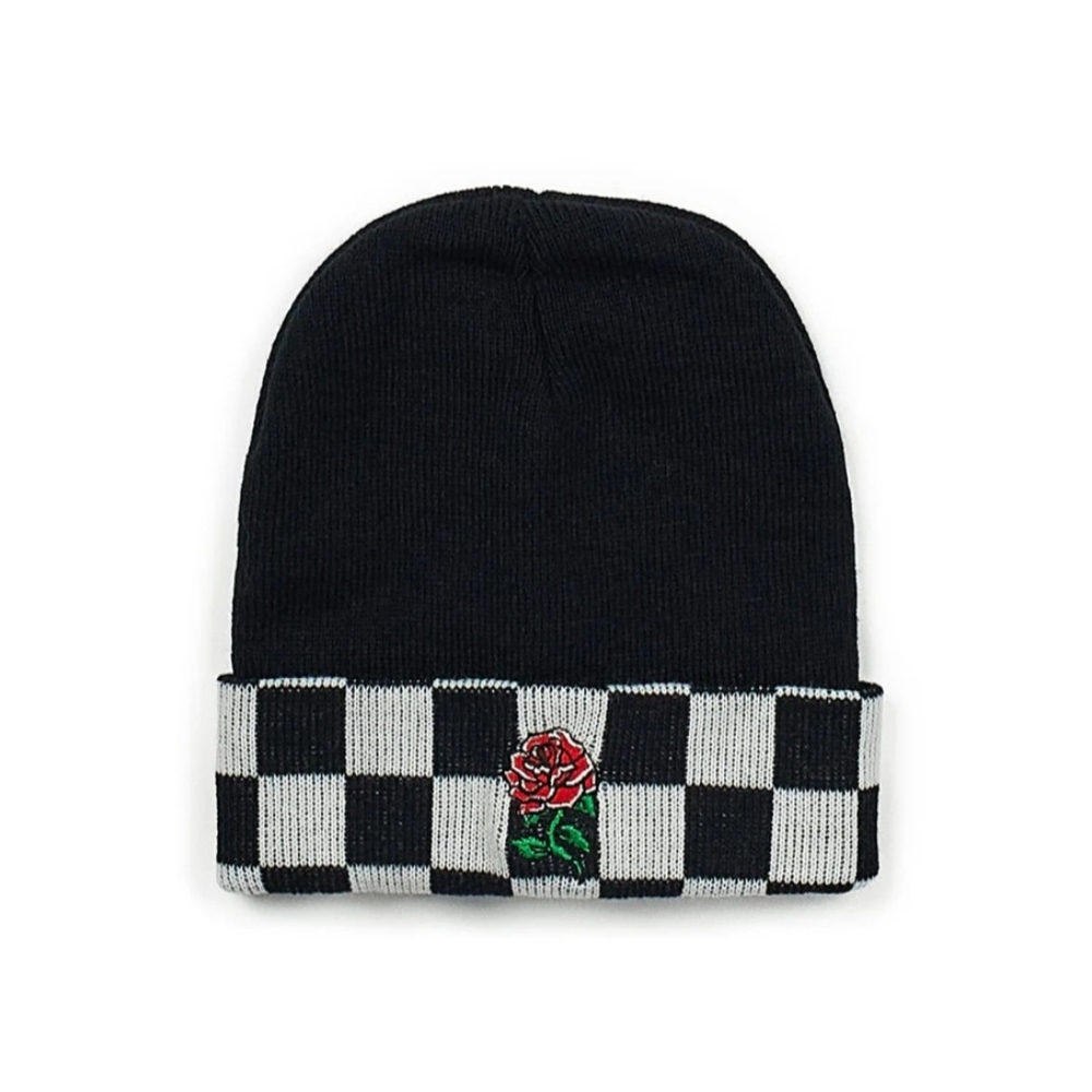 Reason Brand Checkerboard Black Beanie with Red Flower Embroidery OS NWT BA-2729